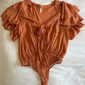 Free People Terracotta Tie-Front Ruffle Sleeve Bodysuit